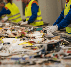 Pracovníci v triediacej linke triedia odpad