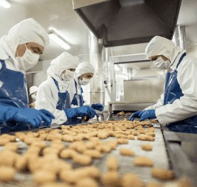 Pracovníci pri potravinovej linke kontrolujú kvalitu tovaru